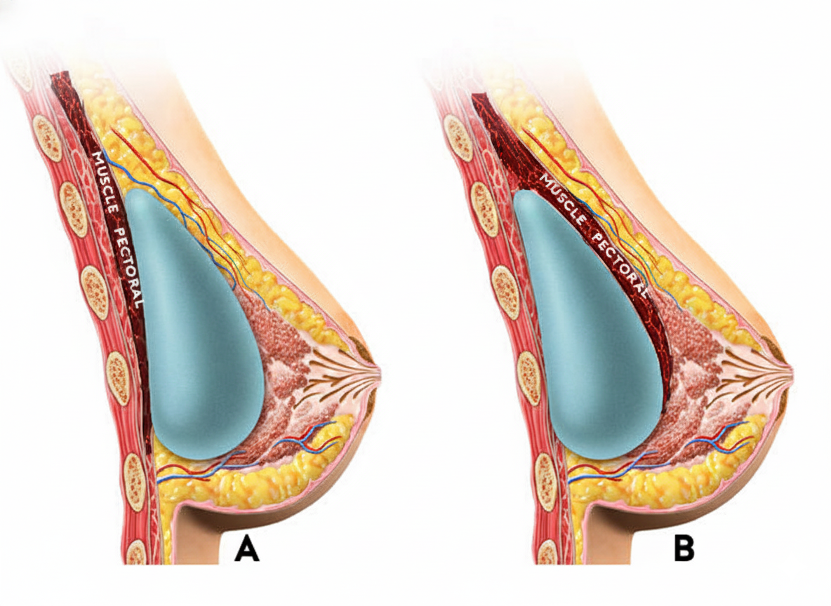 Diagram of the three breast implant placement options: subglandular, submuscular and dual-plane
